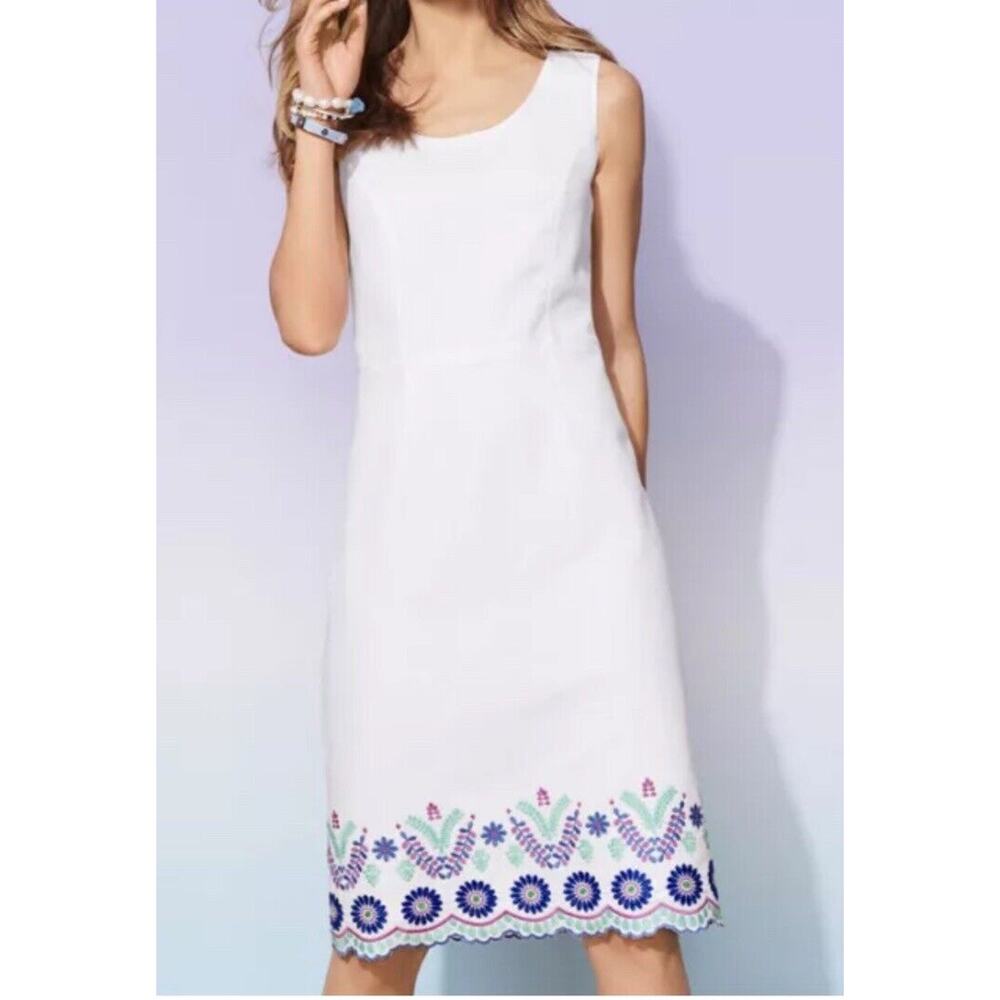 Talbots Women White Dress Linen Sleeveless Size 10 Midi Floral Embroidered Hem